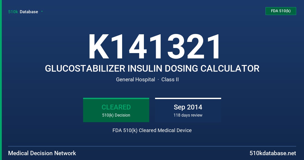 K141321 GLUCOSTABILIZER INSULIN DOSING CALCULATOR FDA 510(k) Cleared Medical Device