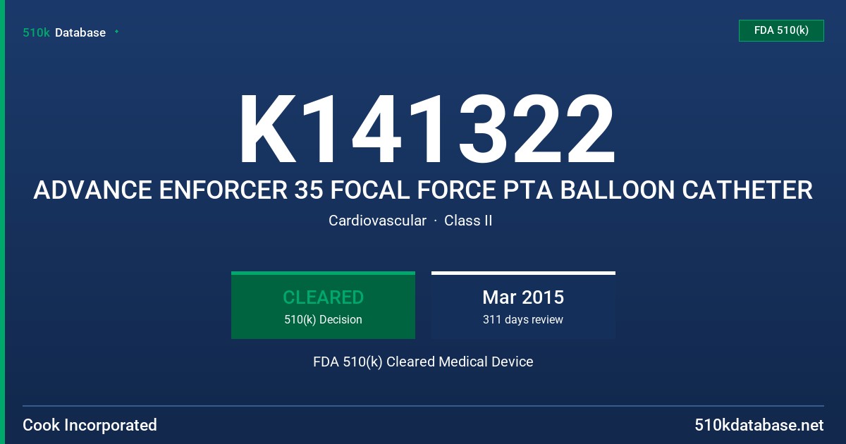 K141322 ADVANCE ENFORCER 35 FOCAL FORCE PTA BALLOON CATHETER FDA 510(k) Cleared Medical Device
