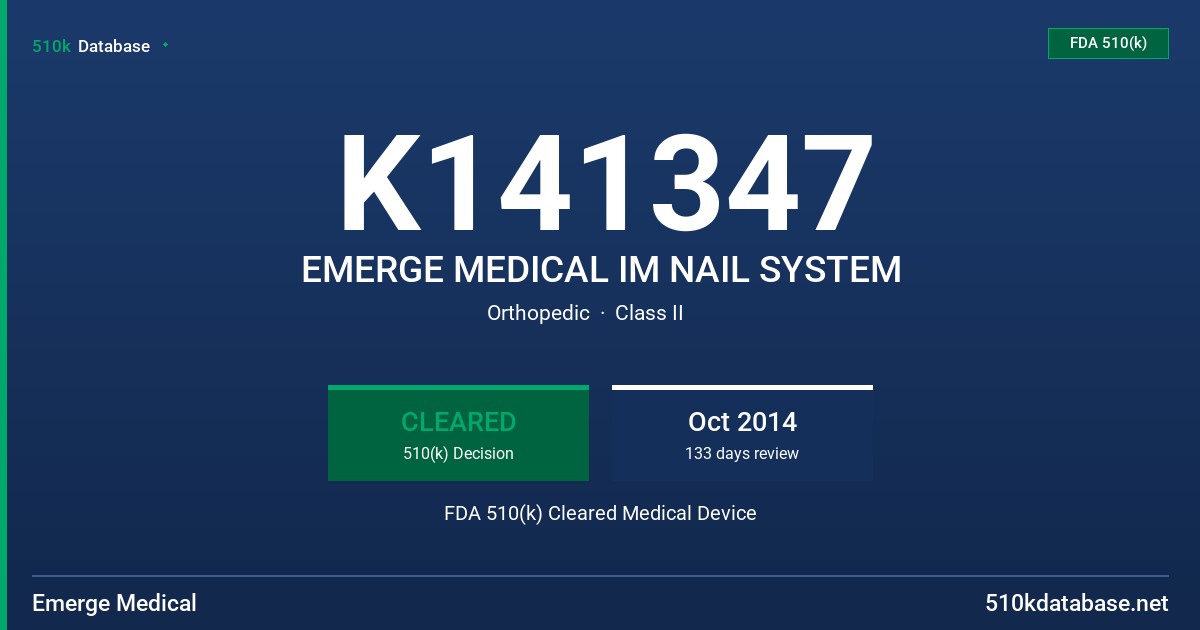 K141347 EMERGE MEDICAL IM NAIL SYSTEM FDA 510(k) Cleared Medical Device