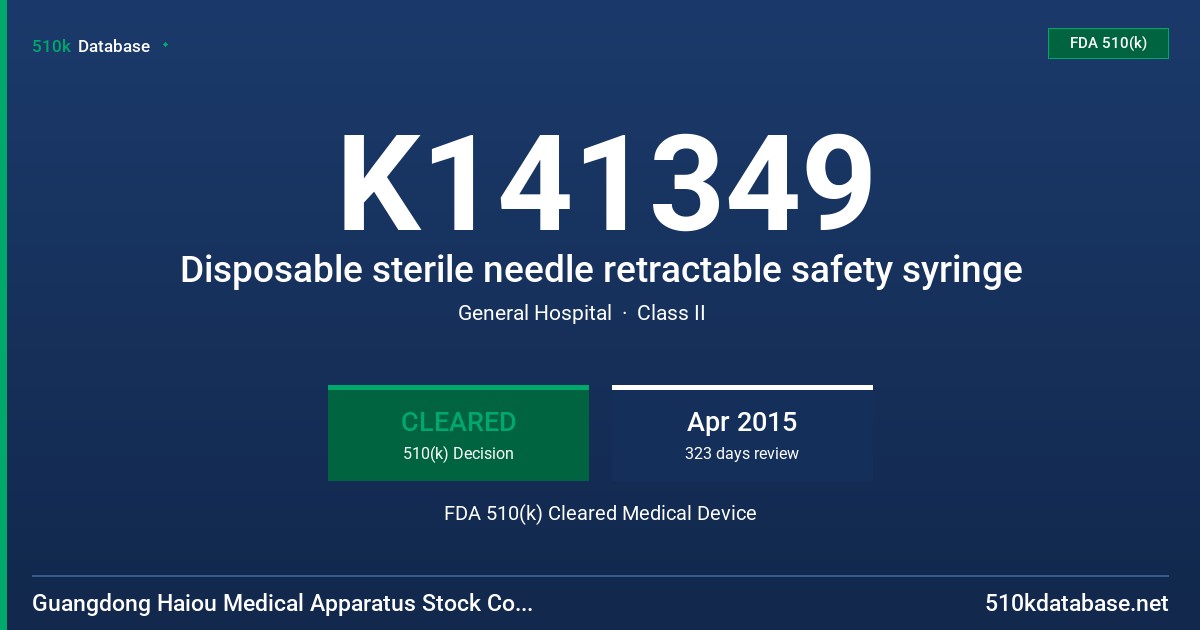 K141349 Disposable sterile needle retractable safety syringe FDA 510(k) Cleared Medical Device