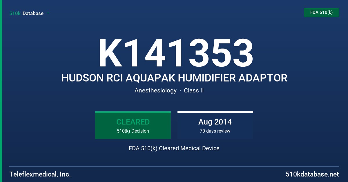 K141353 HUDSON RCI AQUAPAK HUMIDIFIER ADAPTOR FDA 510(k) Cleared Medical Device