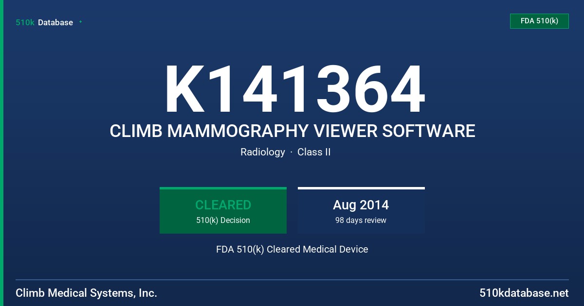 K141364 CLIMB MAMMOGRAPHY VIEWER SOFTWARE FDA 510(k) Cleared Medical Device