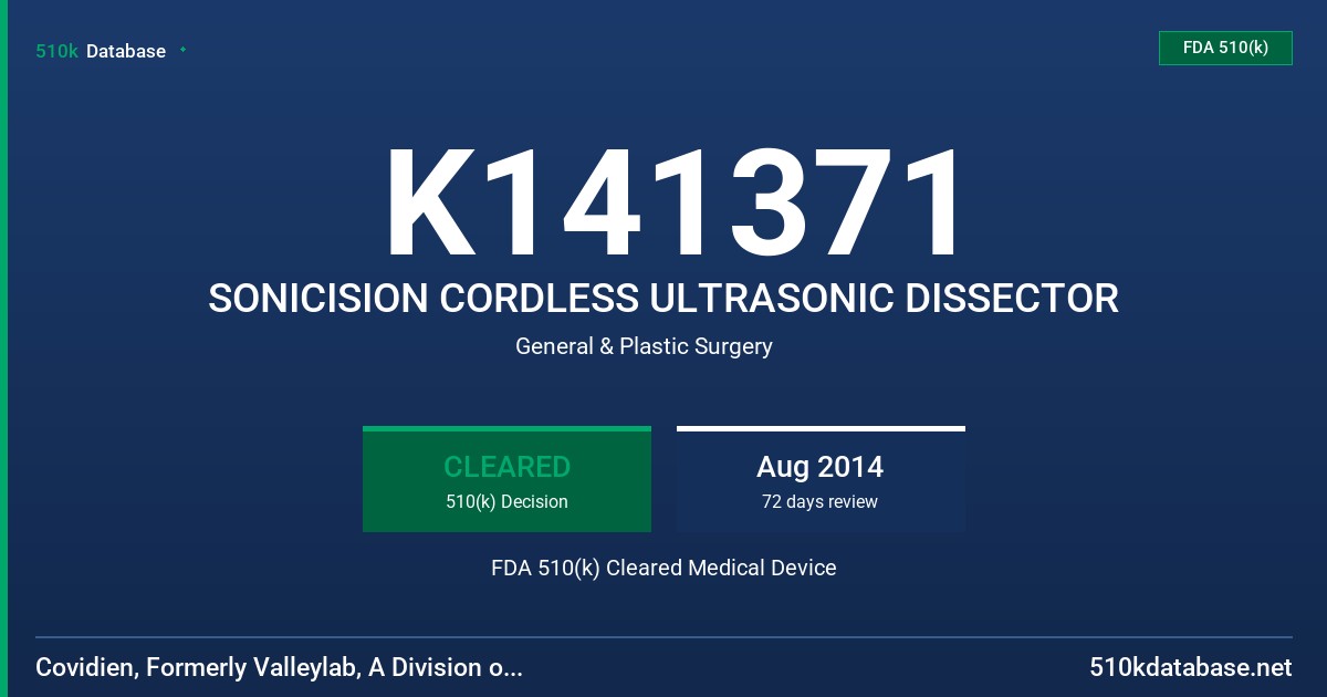 K141371 SONICISION CORDLESS ULTRASONIC DISSECTOR FDA 510(k) Cleared Medical Device
