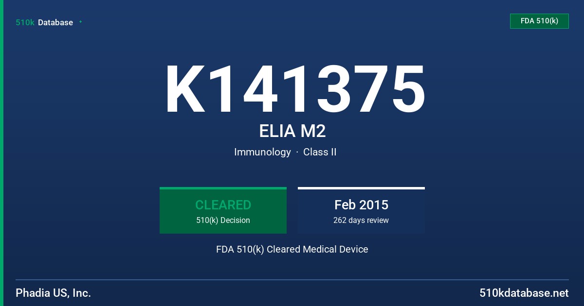 K141375 ELIA M2 FDA 510(k) Cleared Medical Device