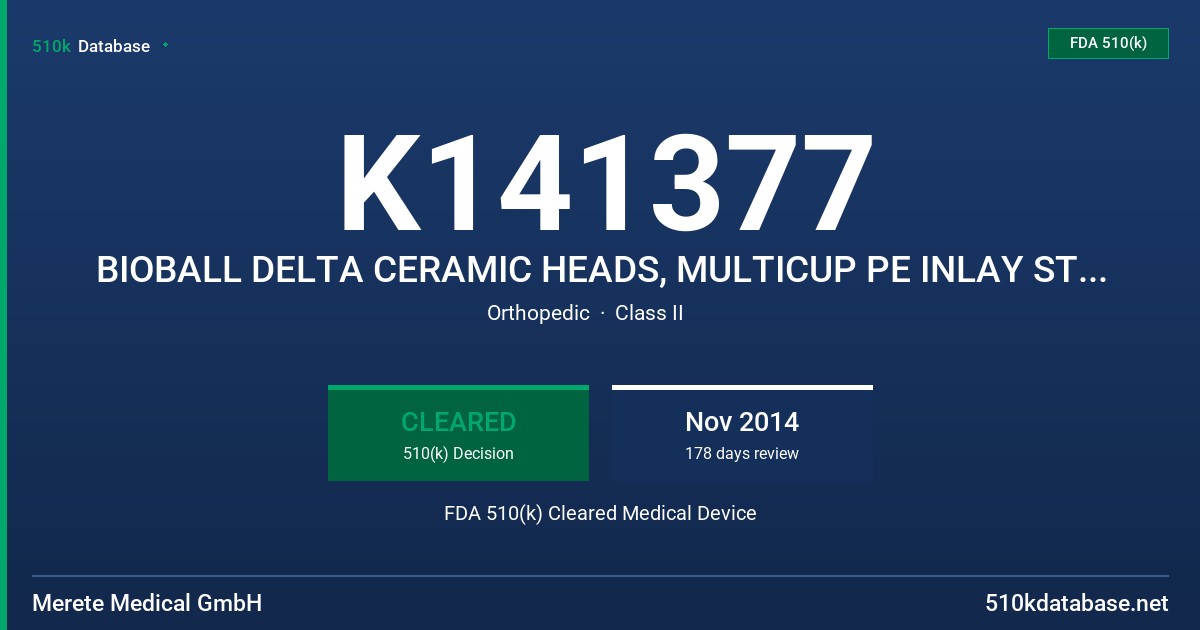 K141377 BIOBALL DELTA CERAMIC HEADS, MULTICUP PE INLAY STANDARD FDA 510(k) Cleared Medical Device