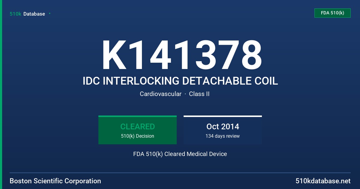 K141378 IDC INTERLOCKING DETACHABLE COIL FDA 510(k) Cleared Medical Device