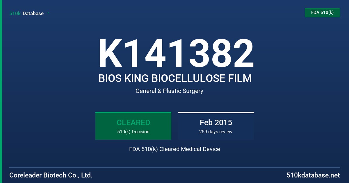 K141382 BIOS KING BIOCELLULOSE FILM FDA 510(k) Cleared Medical Device