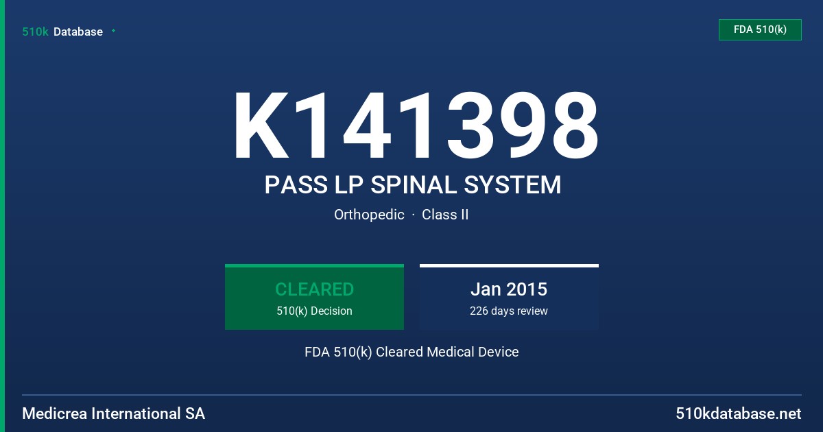 K141398 PASS LP SPINAL SYSTEM FDA 510(k) Cleared Medical Device