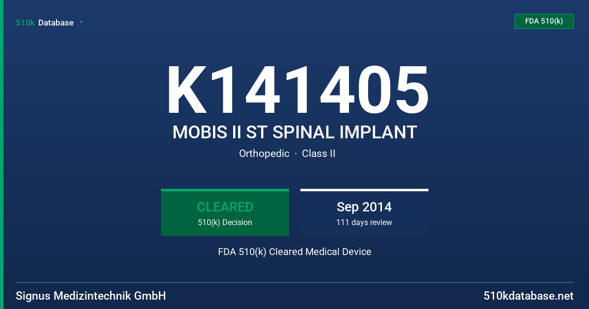 K141405 MOBIS II ST SPINAL IMPLANT FDA 510(k) Cleared Medical Device
