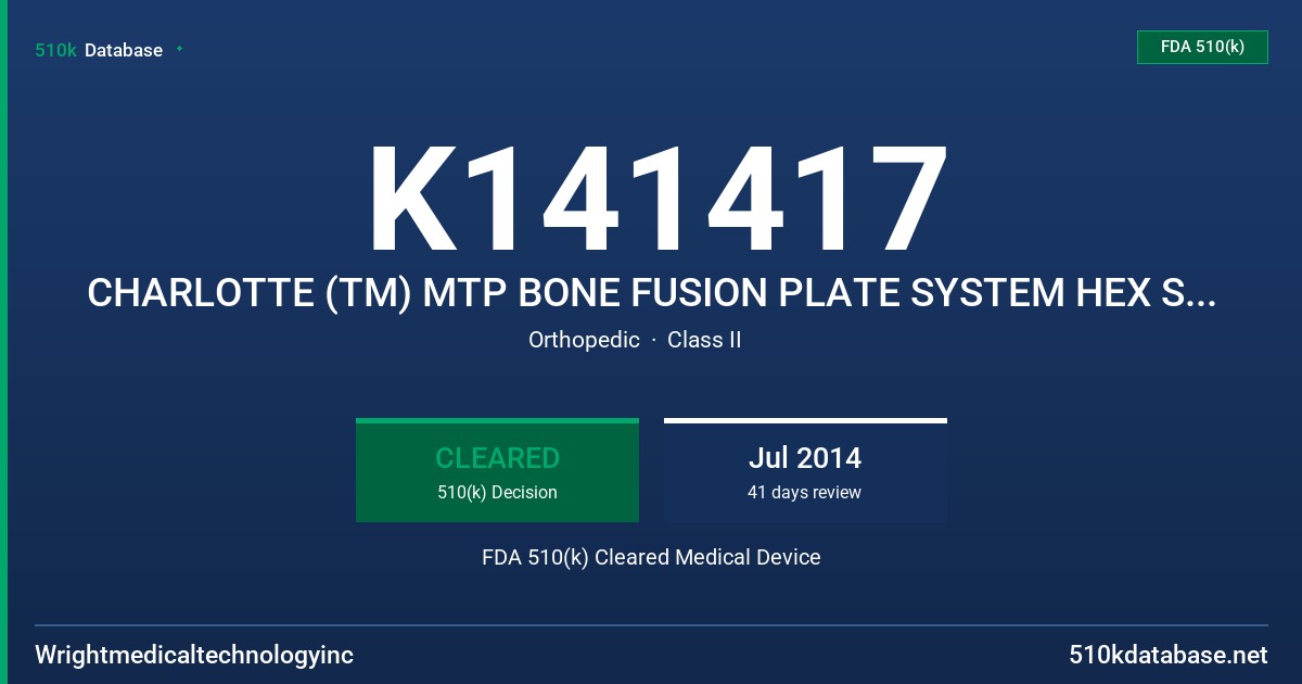 K141417 CHARLOTTE (TM) MTP BONE FUSION PLATE SYSTEM HEX SCREW FDA 510(k) Cleared Medical Device