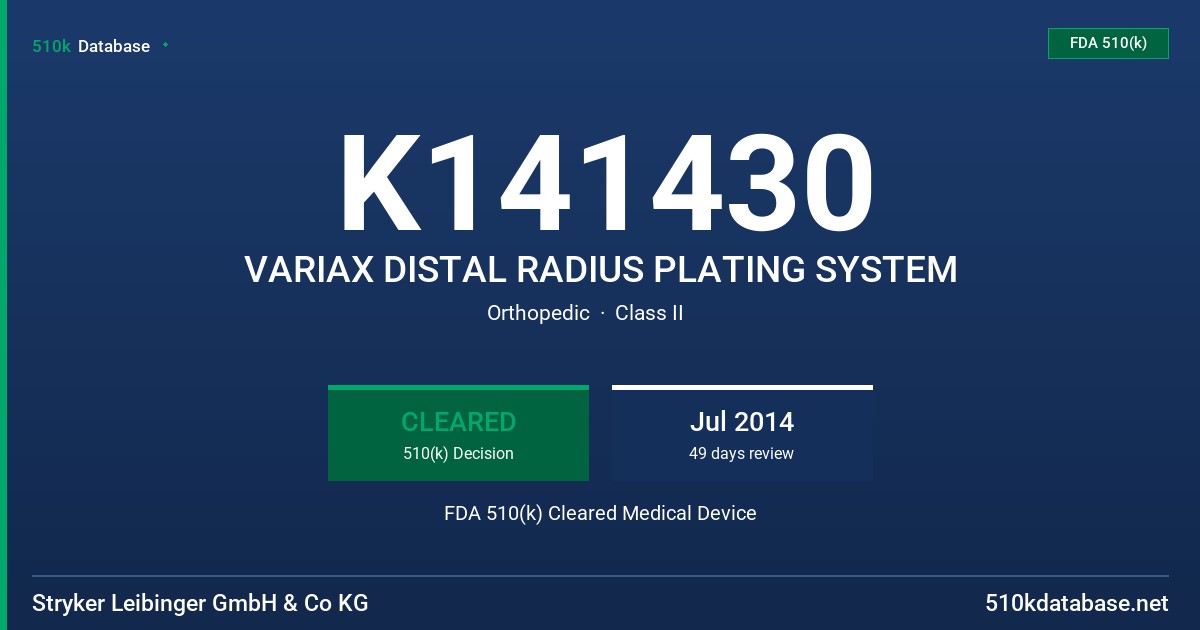 K141430 VARIAX DISTAL RADIUS PLATING SYSTEM FDA 510(k) Cleared Medical Device