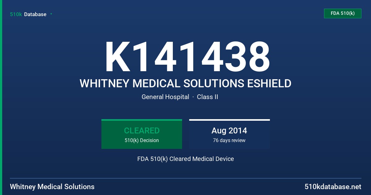 K141438 WHITNEY MEDICAL SOLUTIONS ESHIELD FDA 510(k) Cleared Medical Device