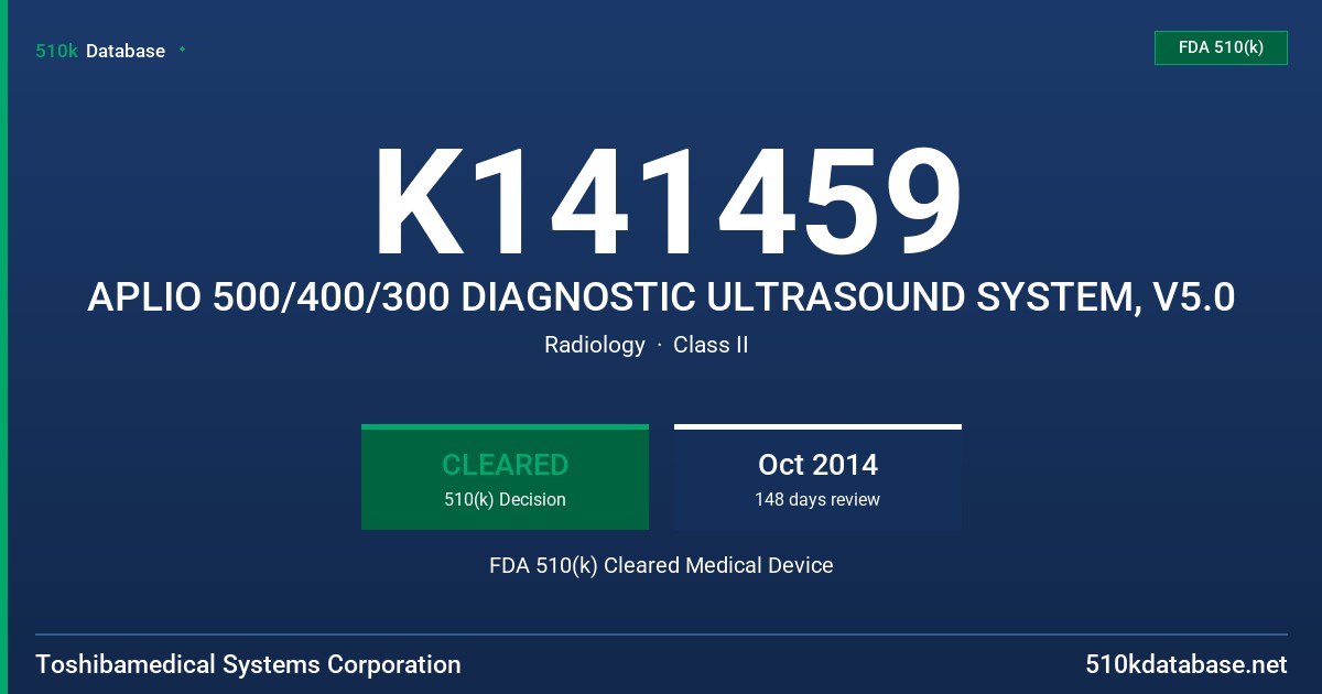 K141459 APLIO 500/400/300 DIAGNOSTIC ULTRASOUND SYSTEM, V5.0 FDA 510(k) Cleared Medical Device