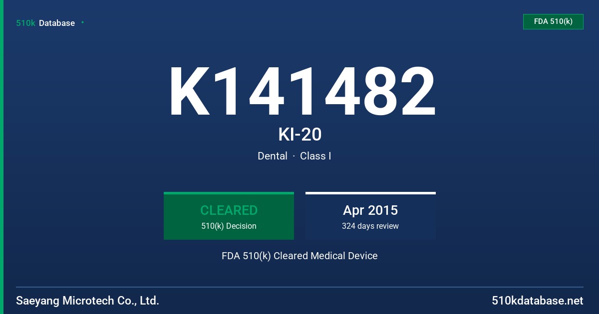 K141482 KI-20 FDA 510(k) Cleared Medical Device
