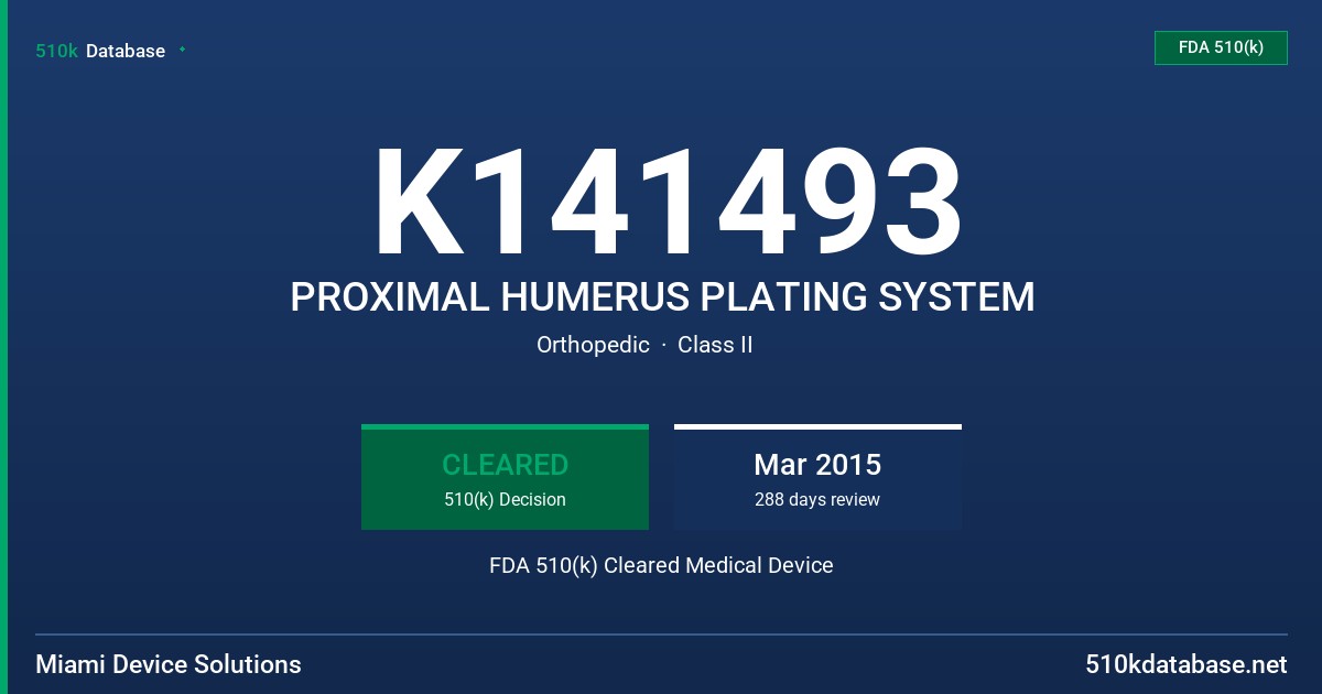 K141493 PROXIMAL HUMERUS PLATING SYSTEM FDA 510(k) Cleared Medical Device