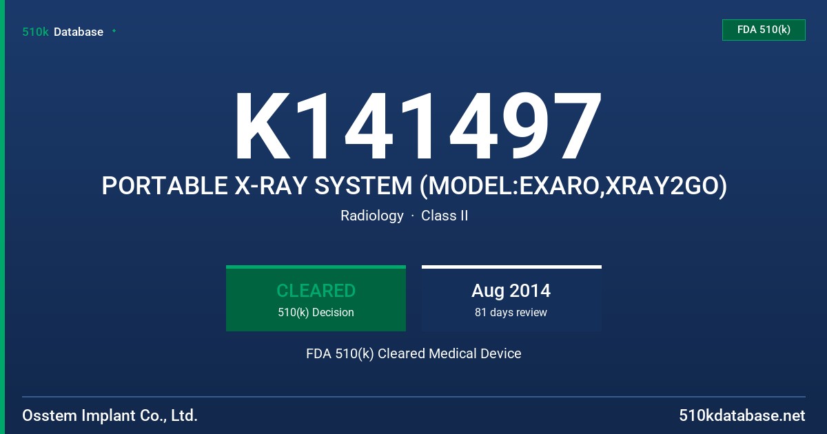 K141497 PORTABLE X-RAY SYSTEM (MODEL:EXARO,XRAY2GO) FDA 510(k) Cleared Medical Device