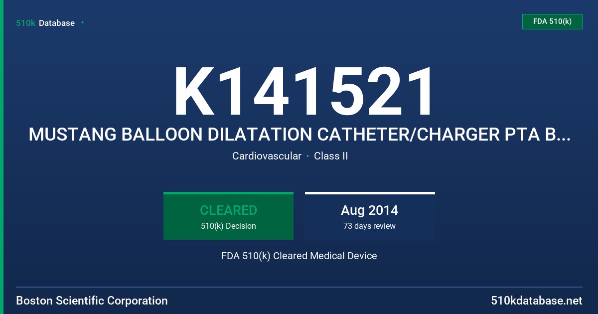 K141521 MUSTANG BALLOON DILATATION CATHETER/CHARGER PTA BALLOON DILATATION CATHETER FDA 510(k) Cleared Medical Device