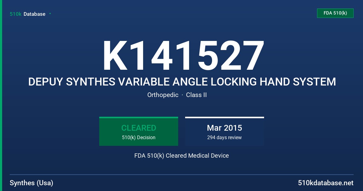 K141527 DEPUY SYNTHES VARIABLE ANGLE LOCKING HAND SYSTEM FDA 510(k) Cleared Medical Device