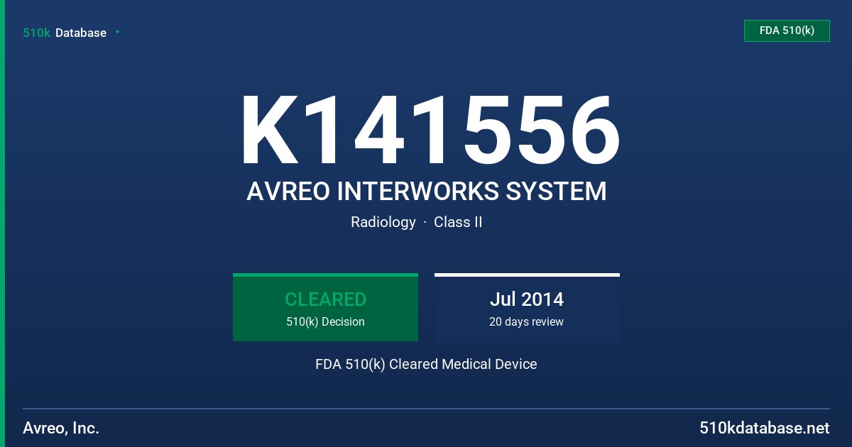 K141556 AVREO INTERWORKS SYSTEM FDA 510(k) Cleared Medical Device