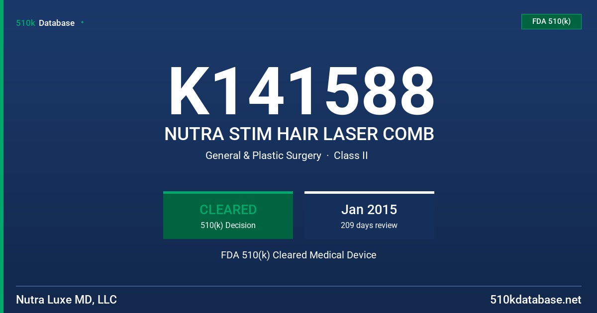 K141588 NUTRA STIM HAIR LASER COMB FDA 510(k) Cleared Medical Device