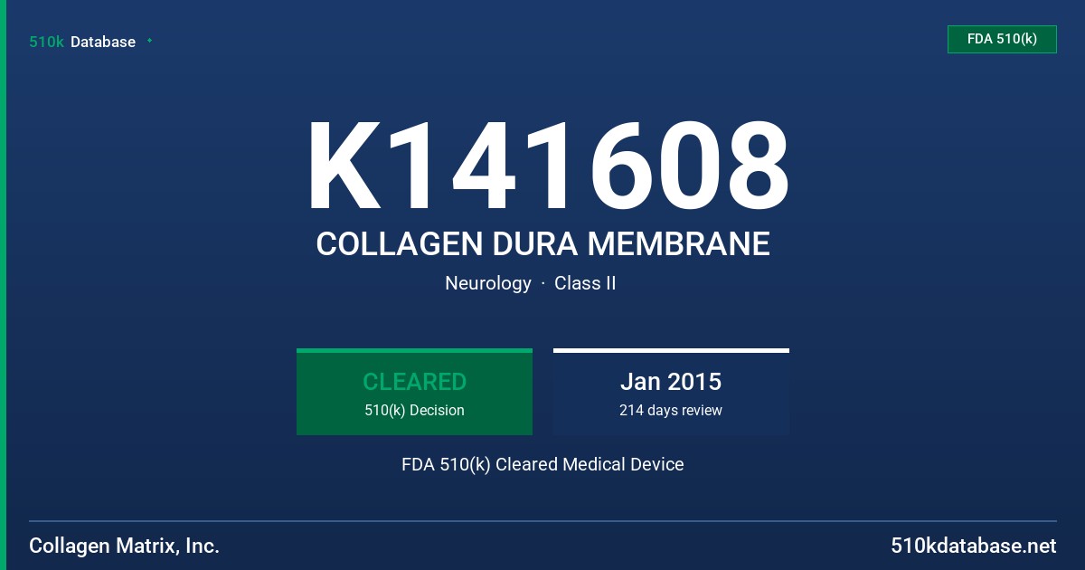 K141608 COLLAGEN DURA MEMBRANE FDA 510(k) Cleared Medical Device