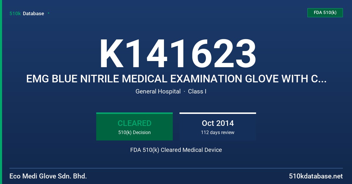 K141623 EMG BLUE NITRILE MEDICAL EXAMINATION GLOVE WITH CHEMOTHERAPY DRUG LABELING CLAIM FDA 510(k) Cleared Medical Device