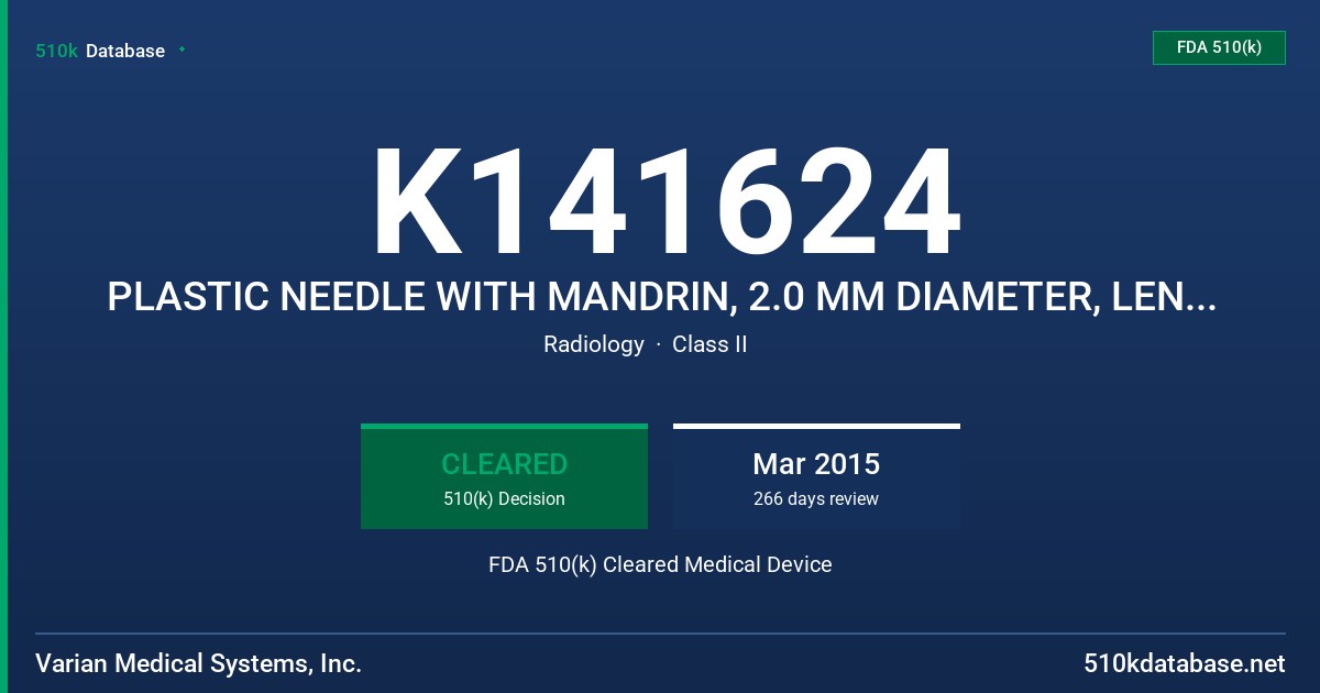 K141624 PLASTIC NEEDLE WITH MANDRIN, 2.0 MM DIAMETER, LENGTH, BLUNT TIP,PLASTIC NEEDLE WITH MANDRIN, 2.0 MM DIAMETER, LENGTH 113 FDA 510(k) Cleared Medical Device