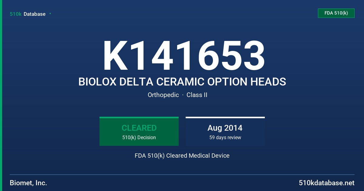 K141653 BIOLOX DELTA CERAMIC OPTION HEADS FDA 510(k) Cleared Medical Device