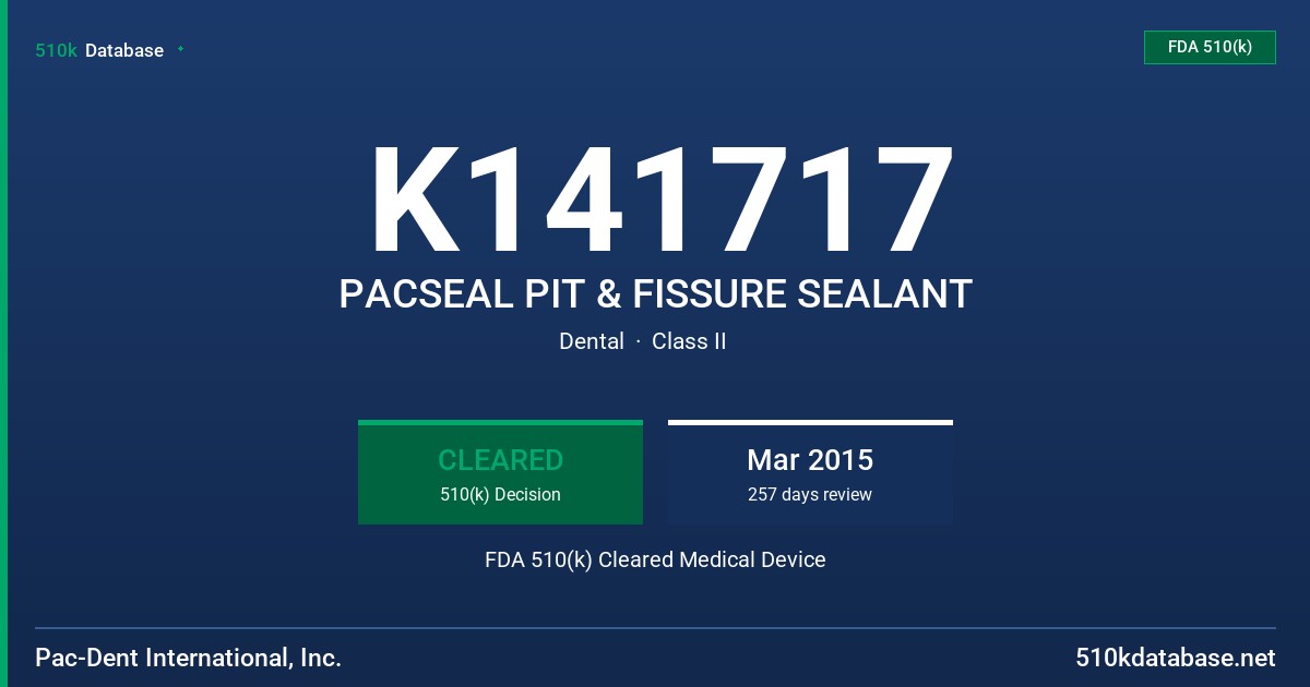 K141717 PACSEAL PIT & FISSURE SEALANT FDA 510(k) Cleared Medical Device