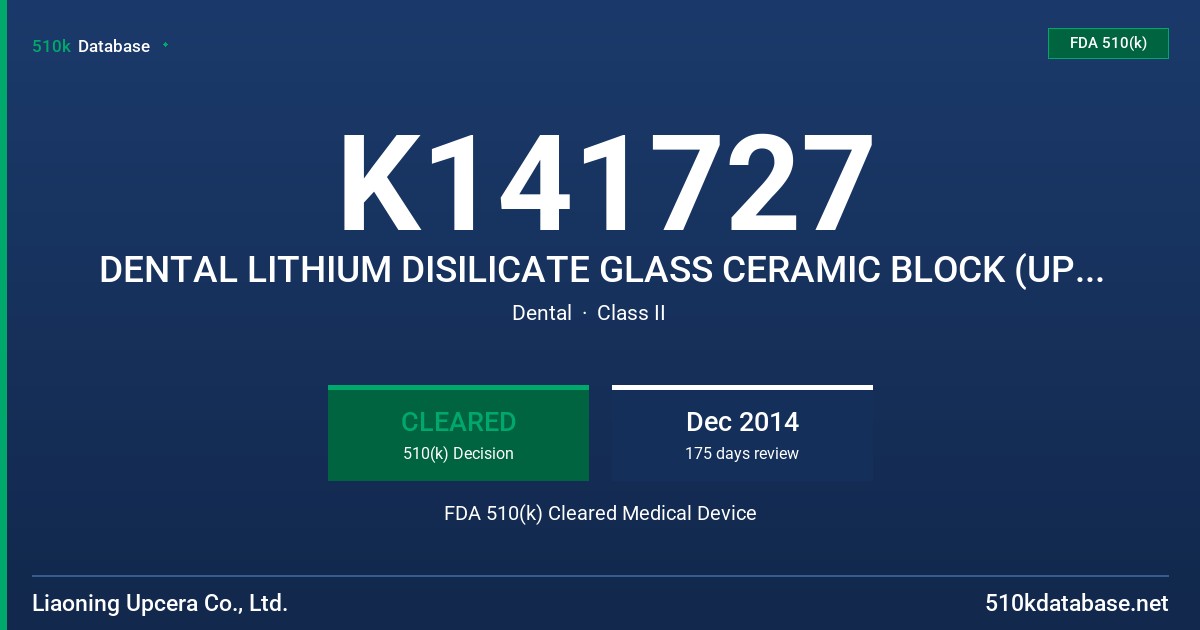 K141727 DENTAL LITHIUM DISILICATE GLASS CERAMIC BLOCK (UP. PRESS SERIES AND UP. CAD SERIES) FDA 510(k) Cleared Medical Device