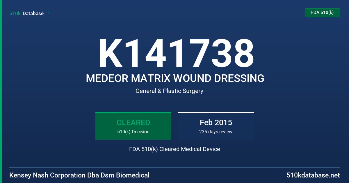 K141738 MEDEOR MATRIX WOUND DRESSING FDA 510(k) Cleared Medical Device