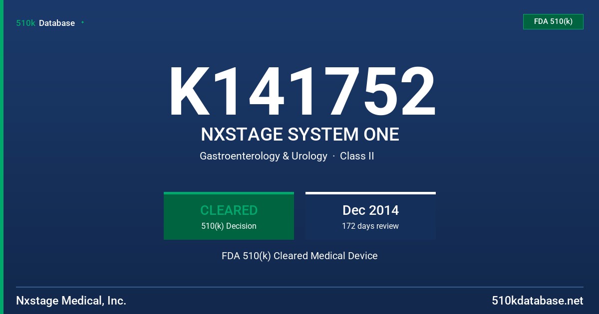 K141752 NXSTAGE SYSTEM ONE FDA 510(k) Cleared Medical Device