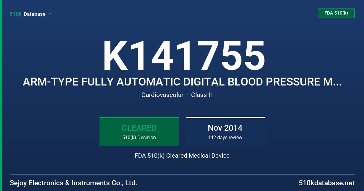K141755 ARM-TYPE FULLY AUTOMATIC DIGITAL BLOOD PRESSURE MONITOR FDA 510(k) Cleared Medical Device
