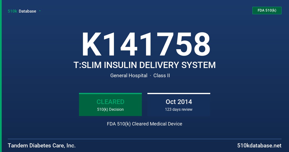 K141758 T:SLIM INSULIN DELIVERY SYSTEM FDA 510(k) Cleared Medical Device