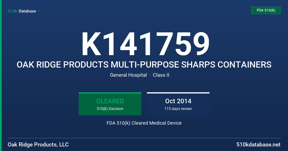 K141759 OAK RIDGE PRODUCTS MULTI-PURPOSE SHARPS CONTAINERS FDA 510(k) Cleared Medical Device