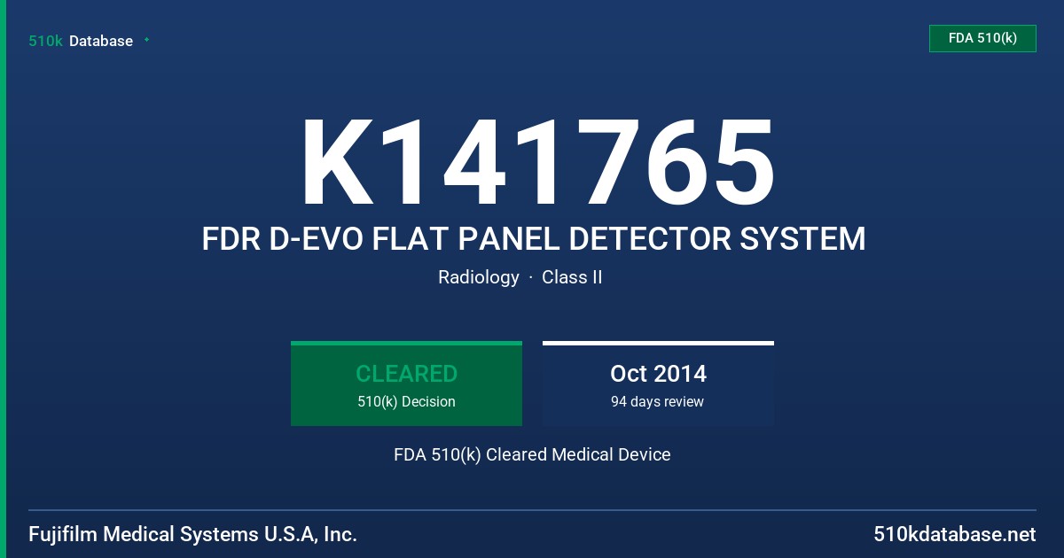 K141765 FDR D-EVO FLAT PANEL DETECTOR SYSTEM FDA 510(k) Cleared Medical Device