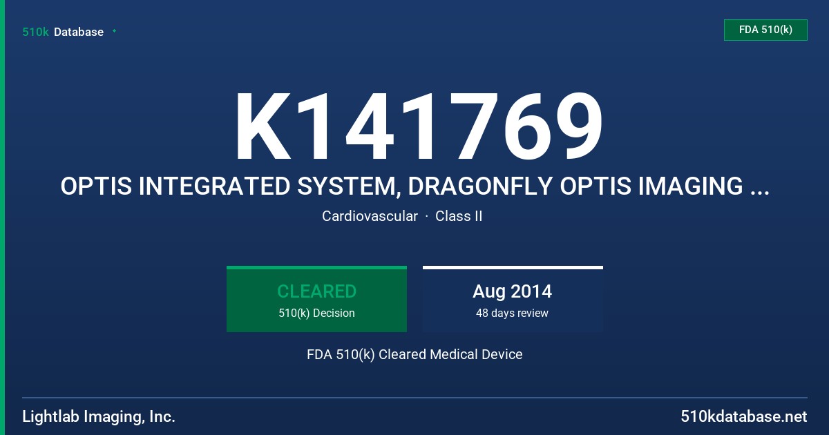 K141769 OPTIS INTEGRATED SYSTEM, DRAGONFLY OPTIS IMAGING CATHETER FDA 510(k) Cleared Medical Device