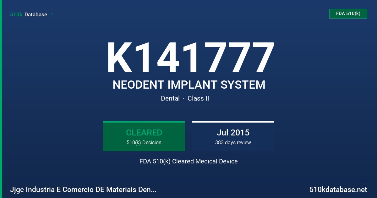 K141777 NEODENT IMPLANT SYSTEM FDA 510(k) Cleared Medical Device