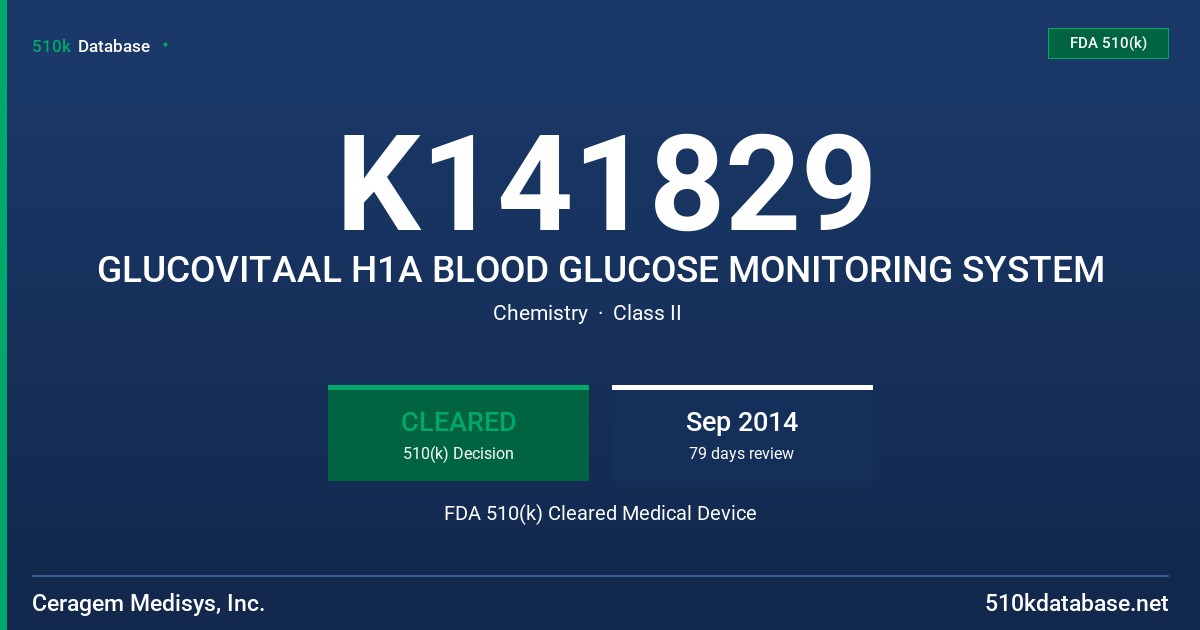 K141829 GLUCOVITAAL H1A BLOOD GLUCOSE MONITORING SYSTEM FDA 510(k) Cleared Medical Device
