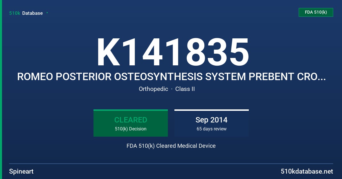 K141835 ROMEO POSTERIOR OSTEOSYNTHESIS SYSTEM PREBENT CROSS-CONNECTORS FDA 510(k) Cleared Medical Device