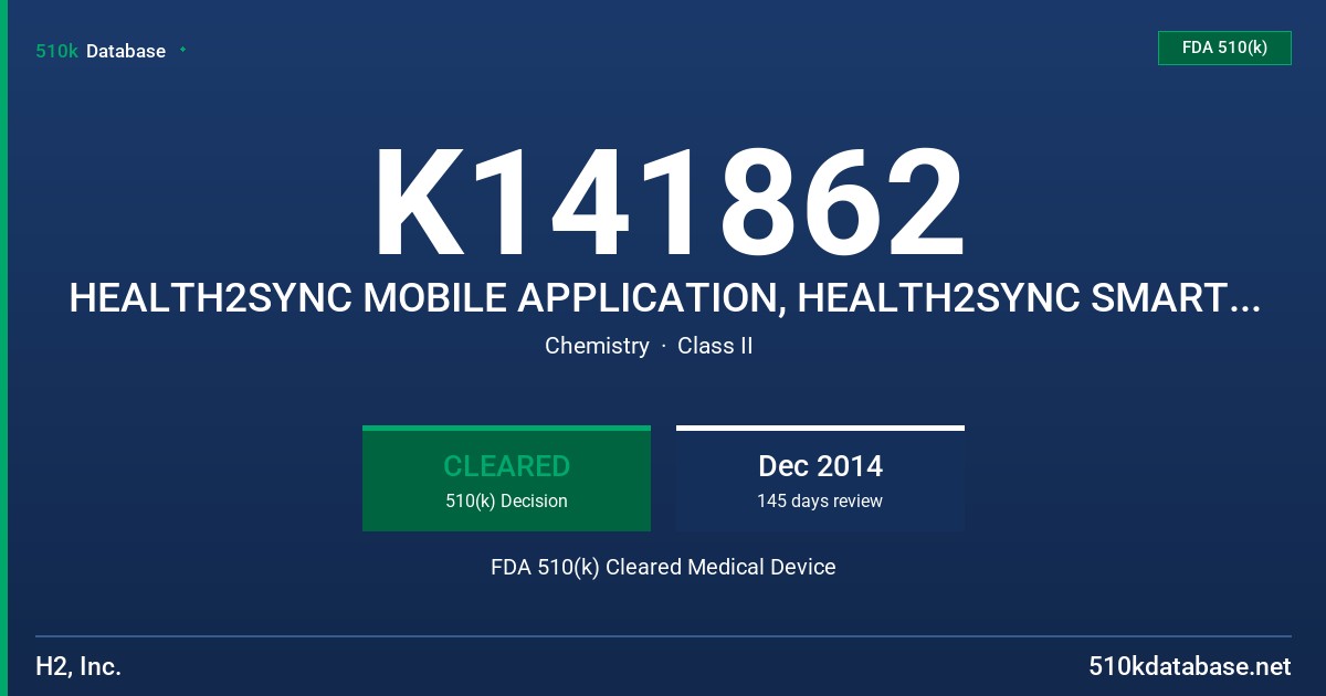 K141862 HEALTH2SYNC MOBILE APPLICATION, HEALTH2SYNC SMART CABLE FDA 510(k) Cleared Medical Device