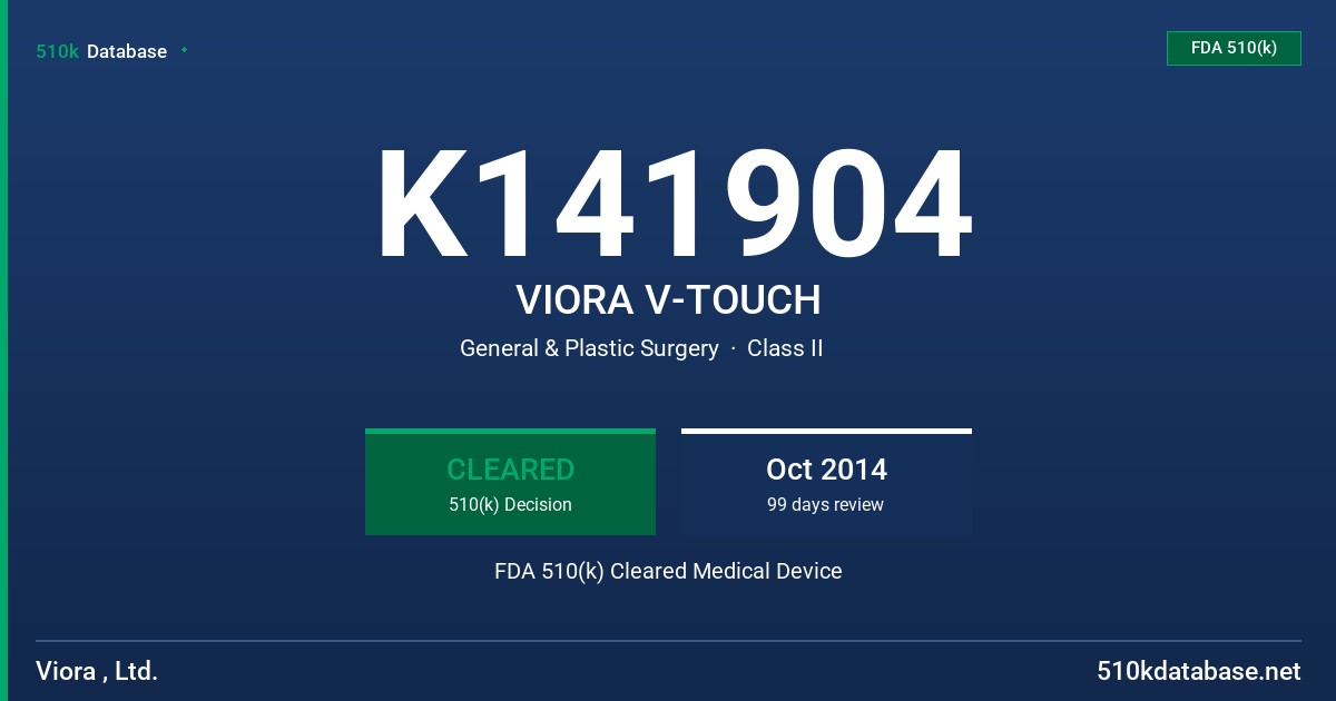 K141904 VIORA V-TOUCH FDA 510(k) Cleared Medical Device