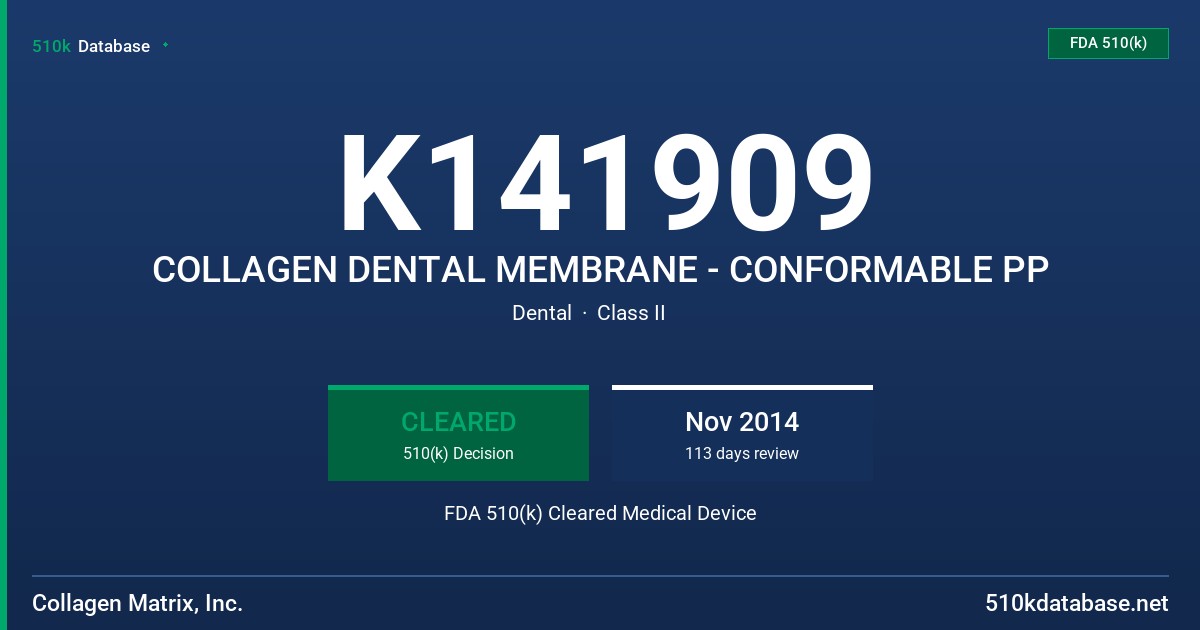 K141909 COLLAGEN DENTAL MEMBRANE - CONFORMABLE PP FDA 510(k) Cleared Medical Device
