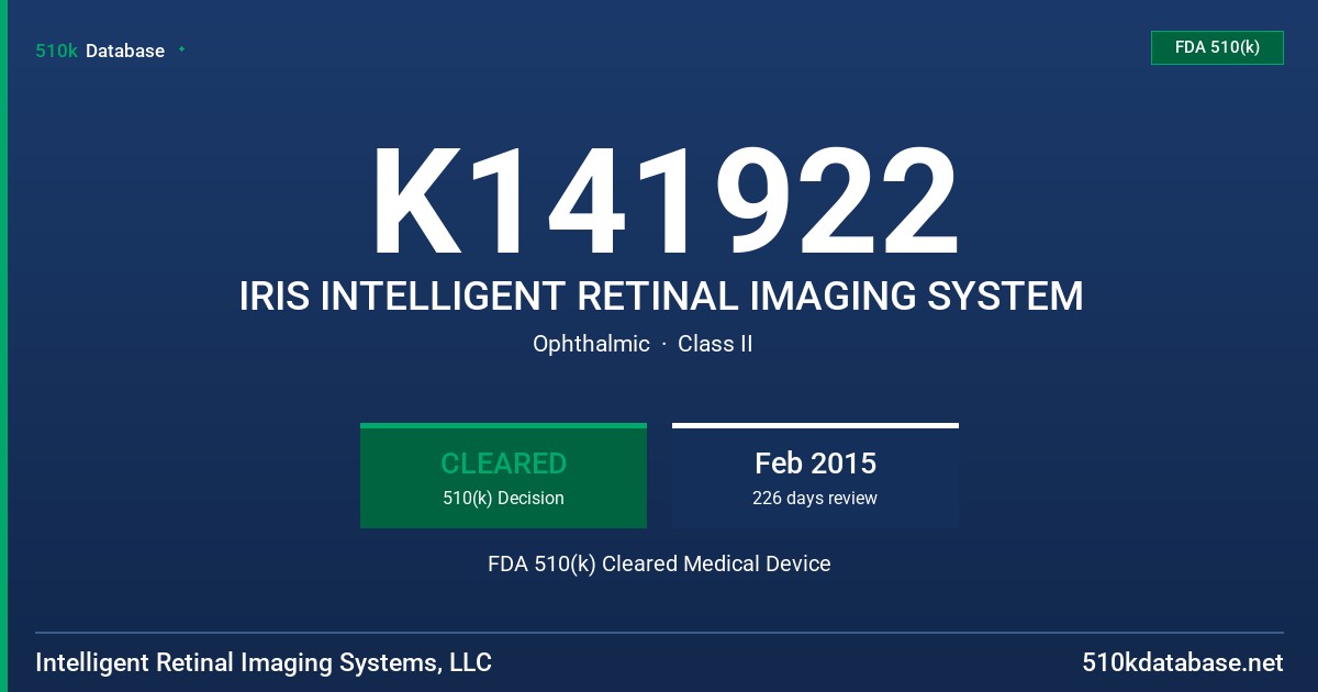 K141922 IRIS INTELLIGENT RETINAL IMAGING SYSTEM FDA 510(k) Cleared Medical Device