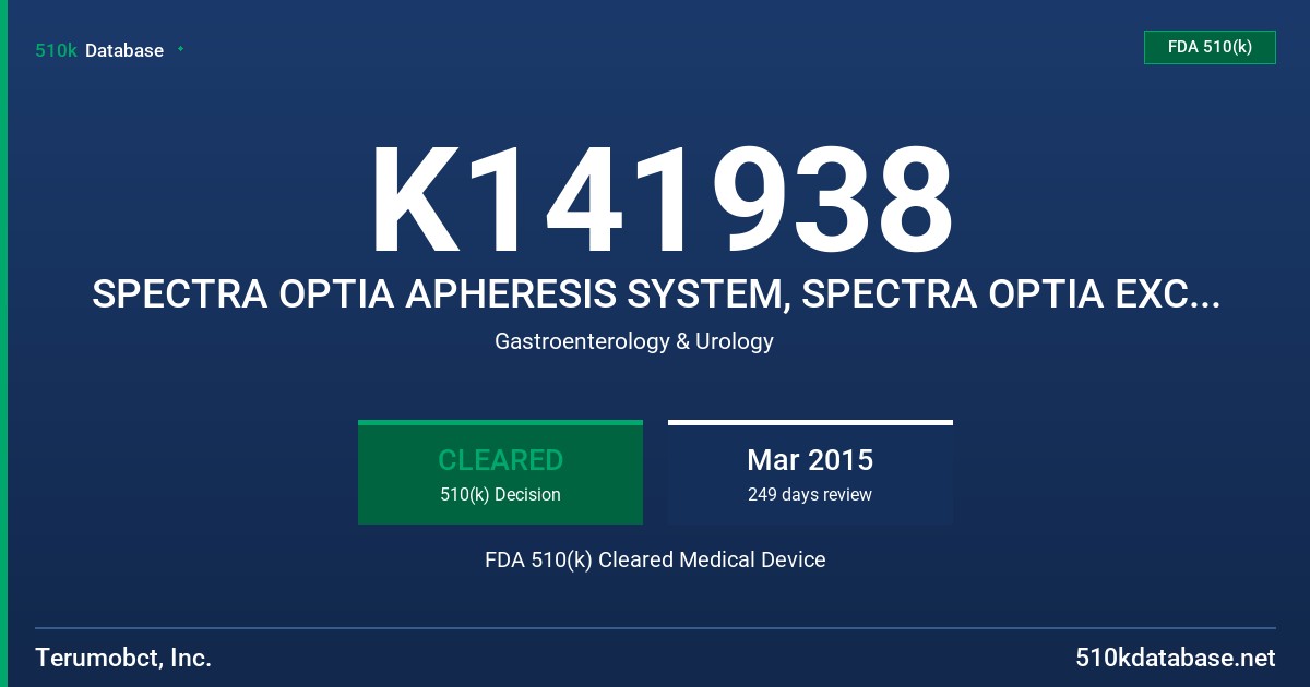 K141938 SPECTRA OPTIA APHERESIS SYSTEM, SPECTRA OPTIA EXCHANGE SET (DISPOSABLE BLOOD TUBING SET) FDA 510(k) Cleared Medical Device