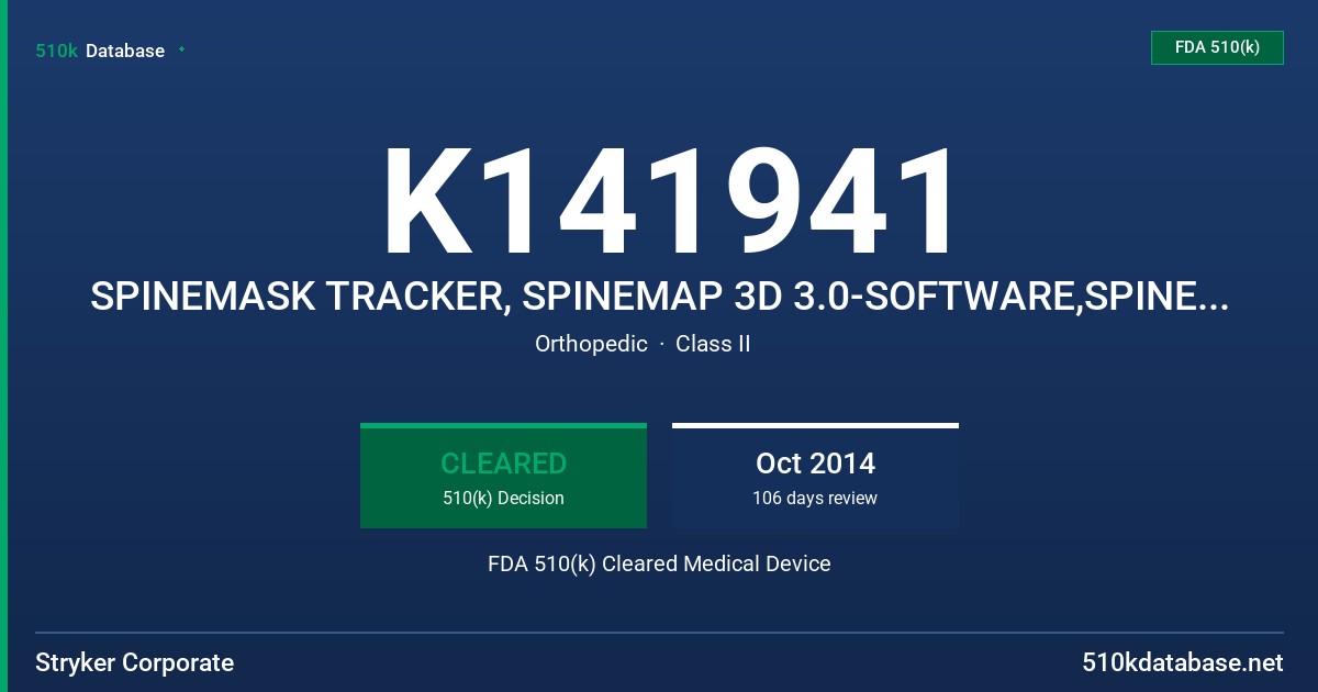 K141941 SPINEMASK TRACKER, SPINEMAP 3D 3.0-SOFTWARE,SPINEMAP 3D 3.0-UPGREADE, SPINEMAP  3D 3.0-ENABLE, SPINEMAP  3D 3.0-SALES D FDA 510(k) Cleared Medical Device