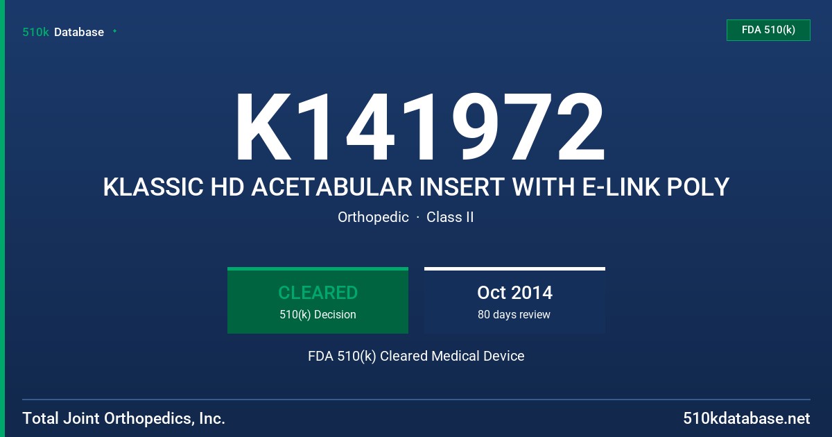 K141972 KLASSIC HD ACETABULAR INSERT WITH E-LINK POLY FDA 510(k) Cleared Medical Device