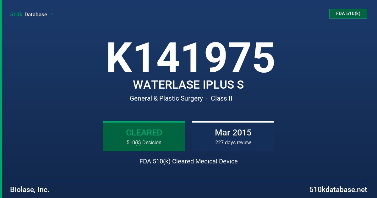 K141975 WATERLASE IPLUS S FDA 510(k) Cleared Medical Device