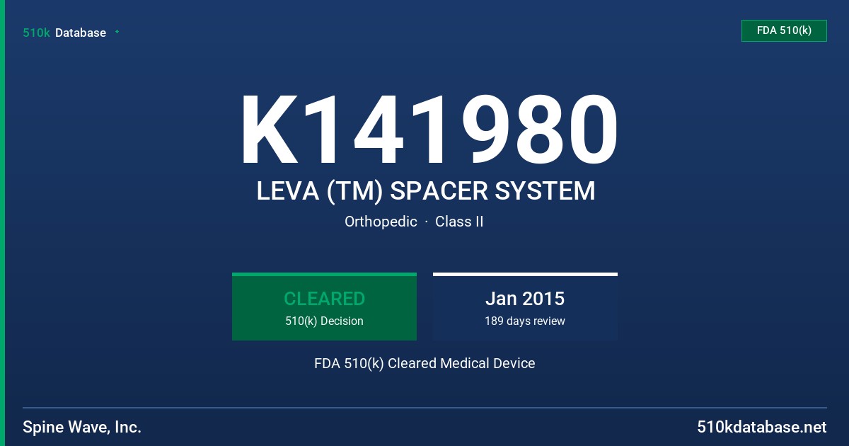 K141980 LEVA (TM) SPACER SYSTEM FDA 510(k) Cleared Medical Device