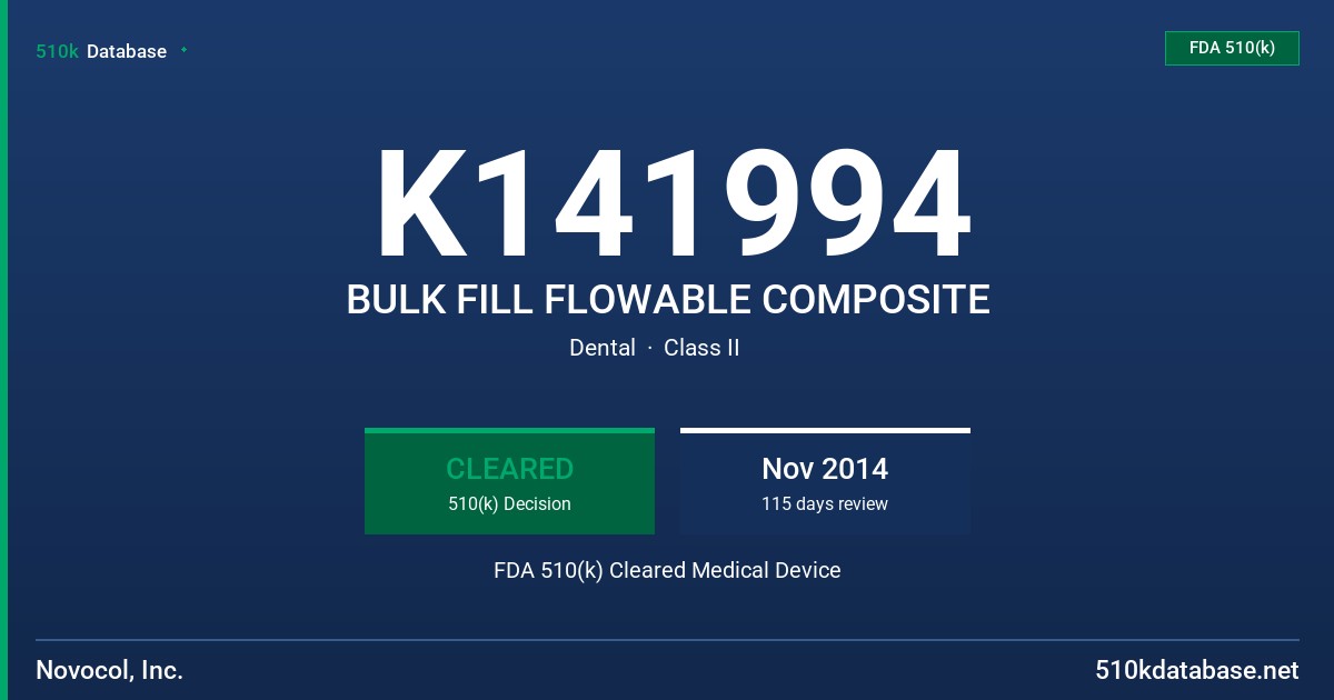 K141994 BULK FILL FLOWABLE COMPOSITE FDA 510(k) Cleared Medical Device